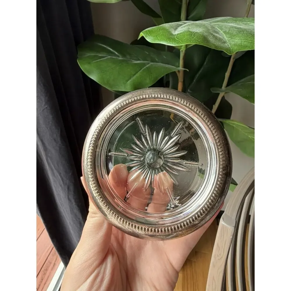 Set of 5 Leonard Silver Plated Glass Coaster Starburst Pattern Round Stackable